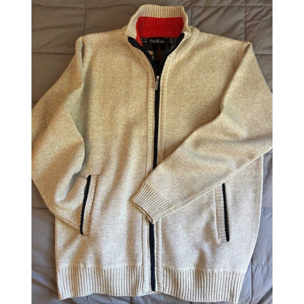 YeoKou Cashmere Wool Blend Full Zip Sweater Beige Mock Neck Casual Mens L NWOT